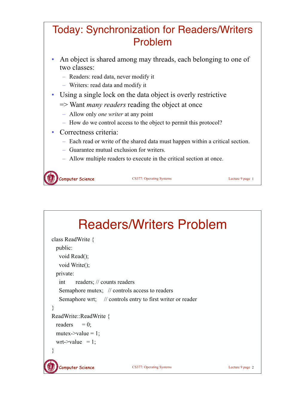 Synchronization for Readers/Writers Problem
