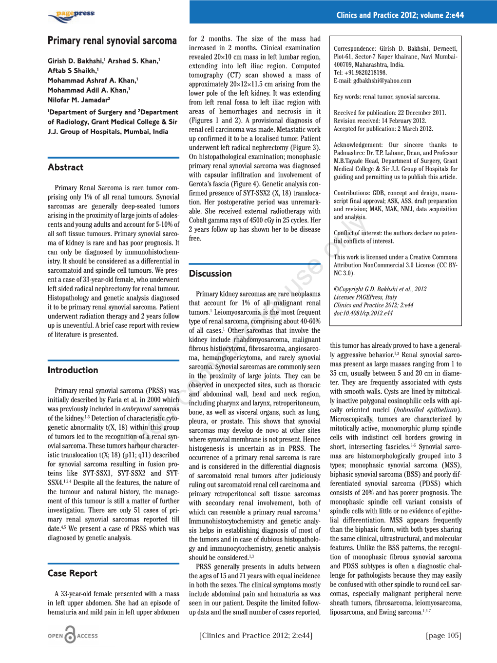 Primary Renal Synovial Sarcoma for 2 Months