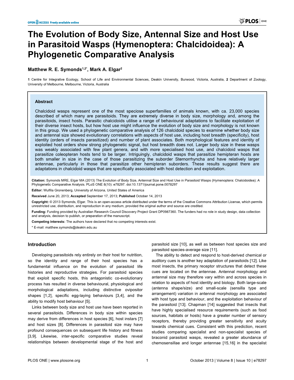 The Evolution of Body Size, Antennal Size and Host Use in Parasitoid Wasps (Hymenoptera: Chalcidoidea): a Phylogenetic Comparative Analysis