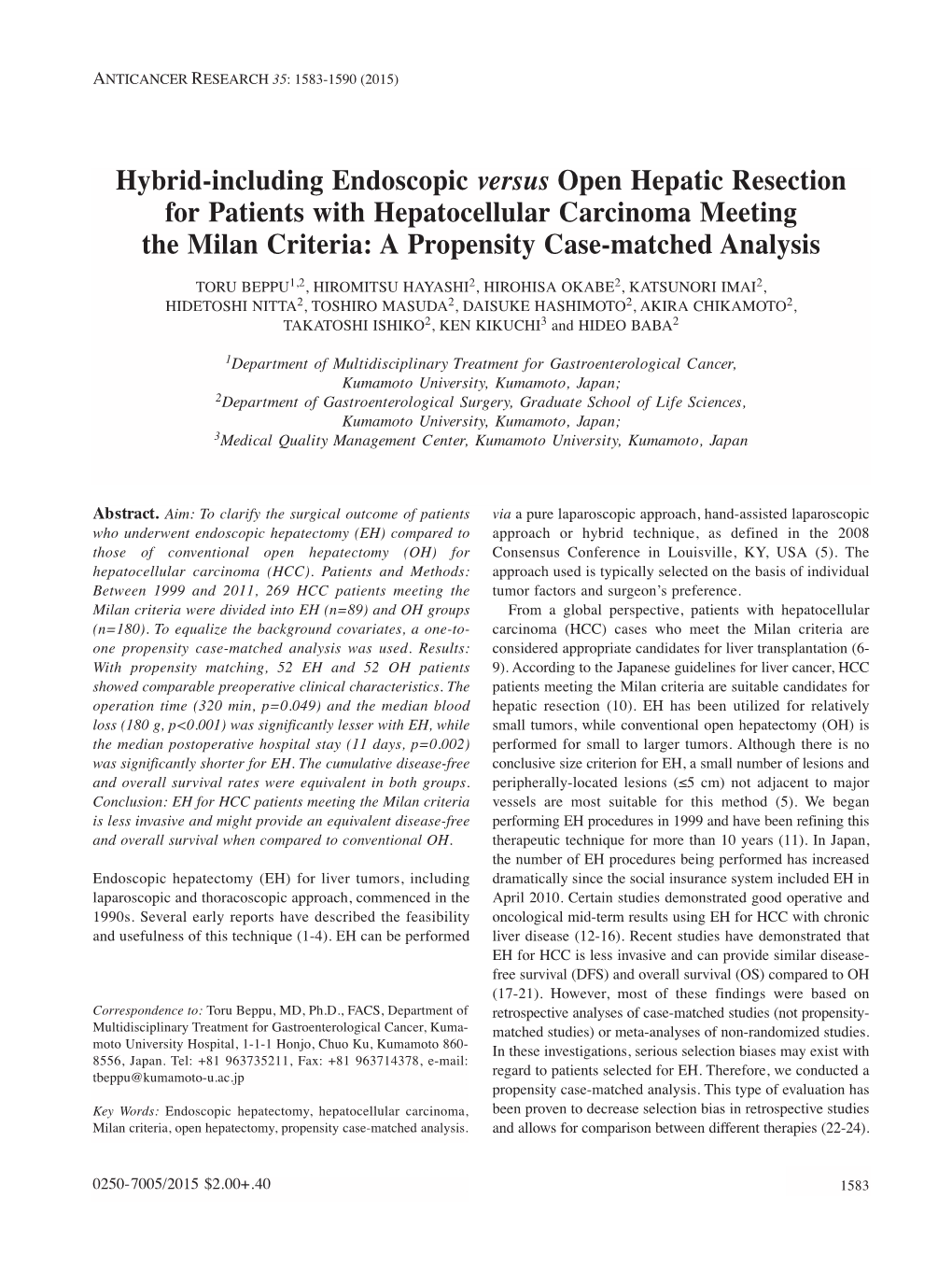 Hybrid-Including Endoscopic Versus Open Hepatic Resection for Patients with Hepatocellular Carcinoma Meeting the Milan Criteria: a Propensity Case-Matched Analysis