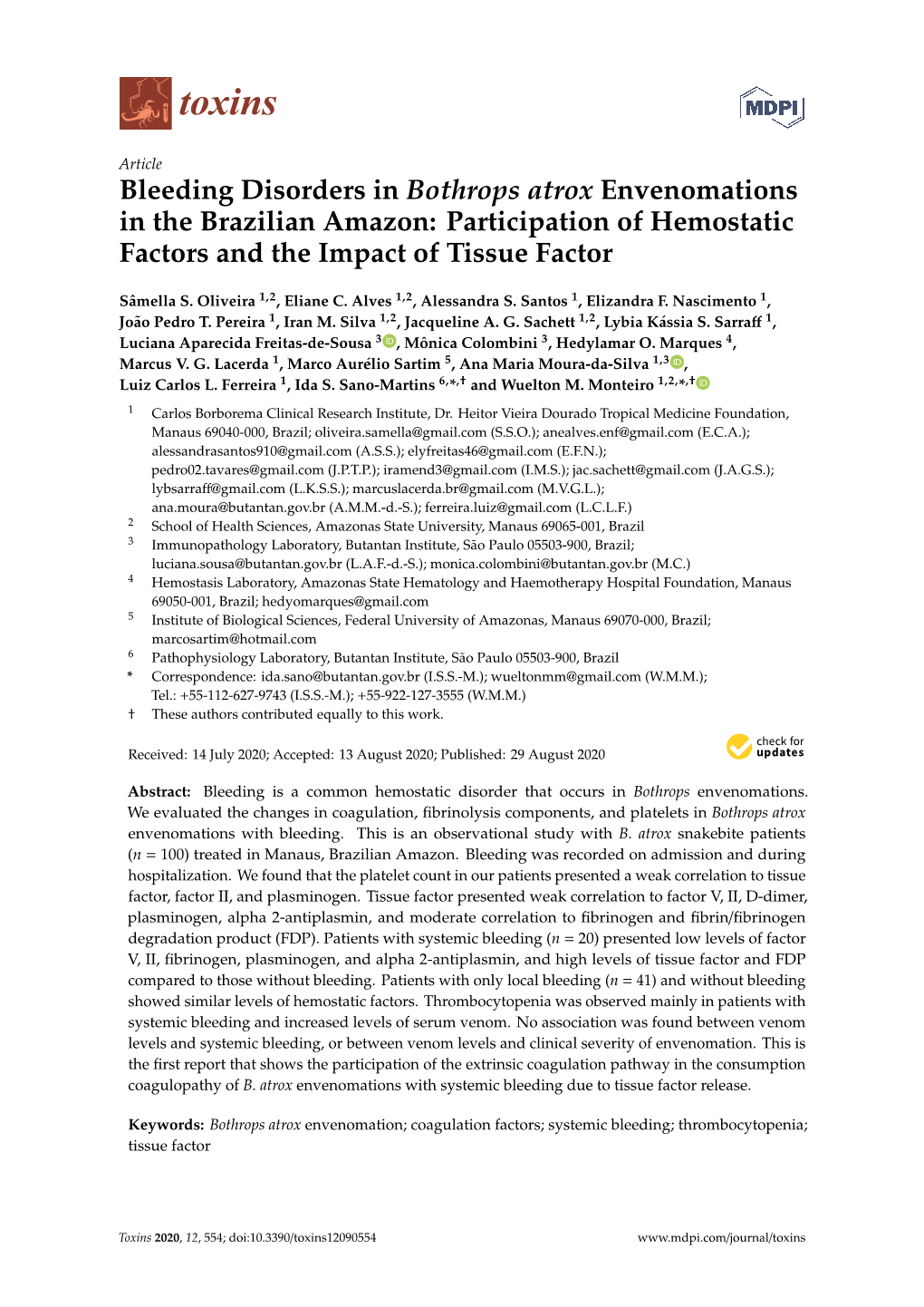 Bleeding Disorders in Bothrops Atrox Envenomations in the Brazilian Amazon: Participation of Hemostatic Factors and the Impact of Tissue Factor