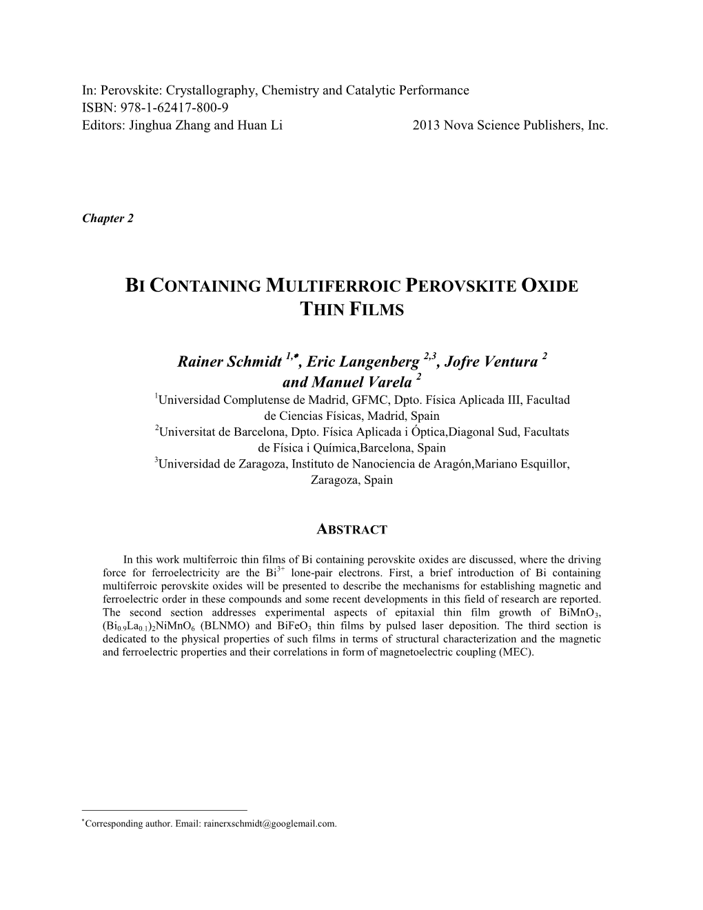 Bi Containing Multiferroic Perovskite Oxide Thin Films