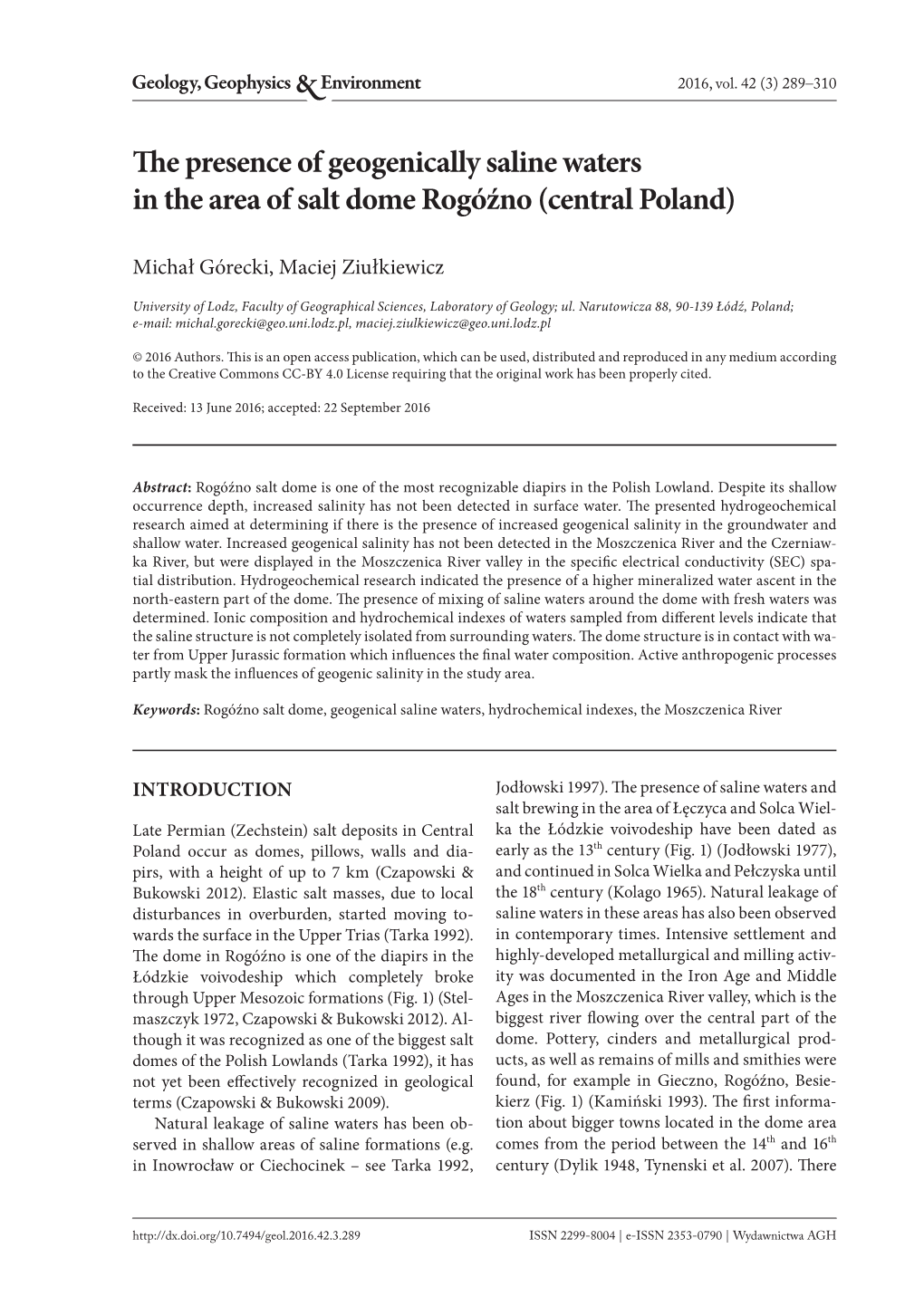 The Presence of Geogenically Saline Waters in the Area of Salt Dome Rogóźno (Central Poland)