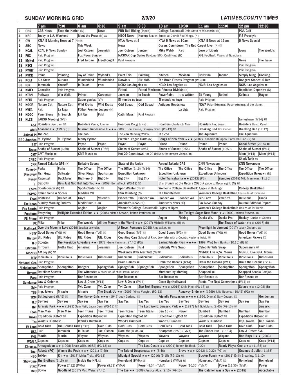 Sunday Morning Grid 2/9/20 Latimes.Com/Tv