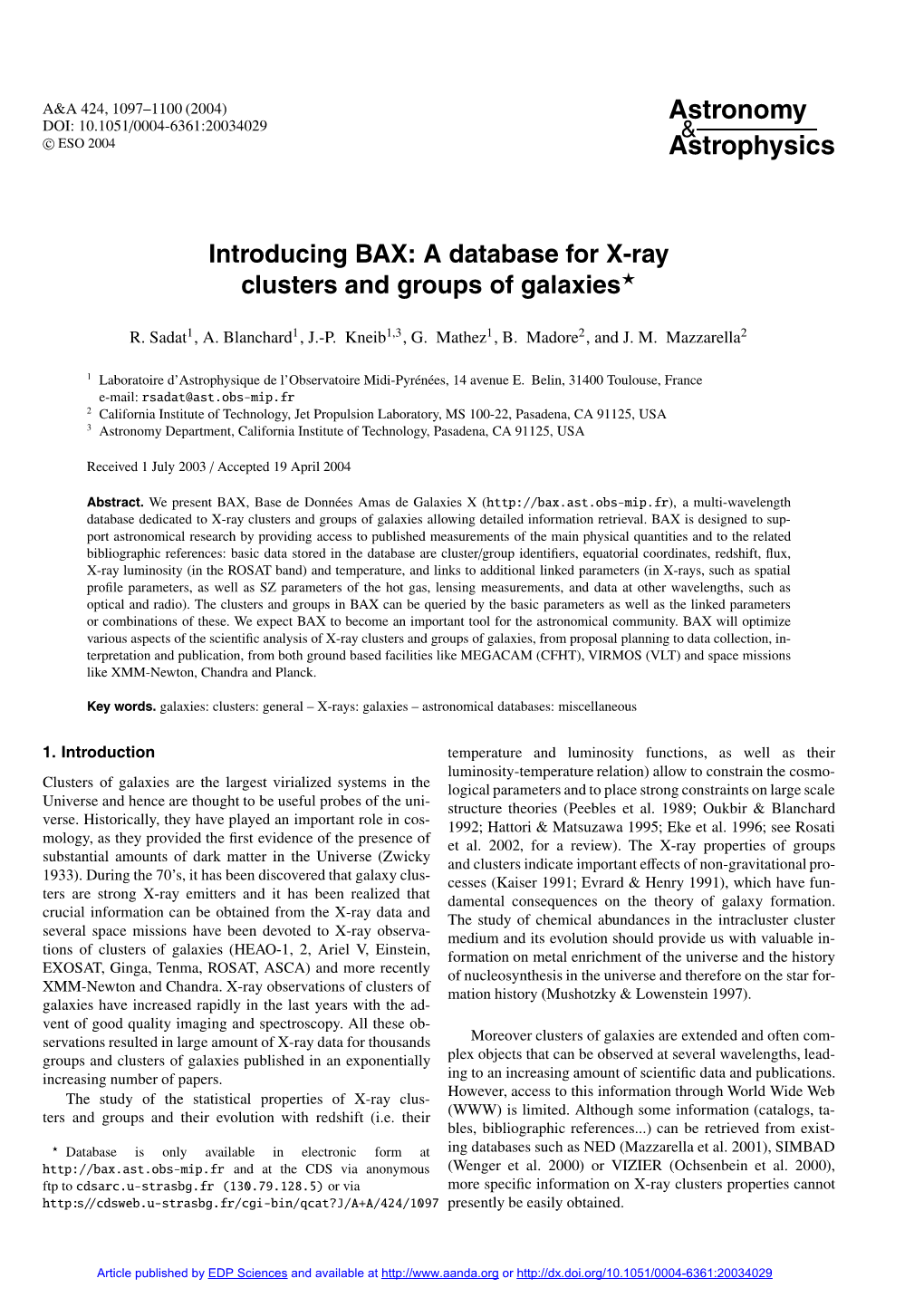 Introducing BAX: a Database for X-Ray Clusters and Groups of Galaxies