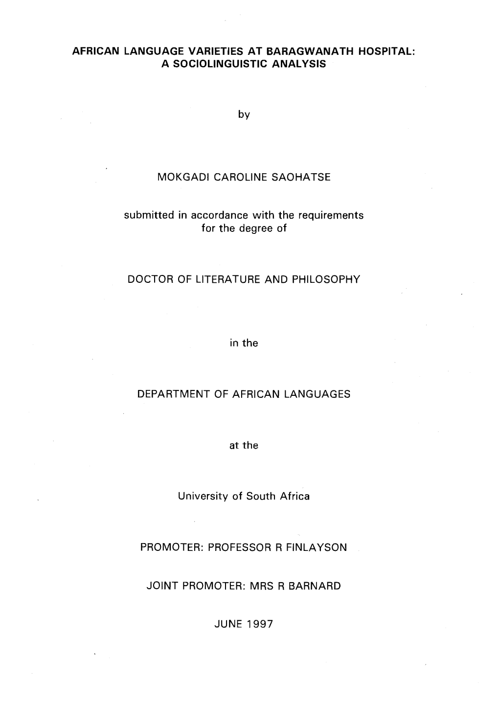 African Language Varieties at Baragwanath Hospital: a Sociolinguistic Analysis