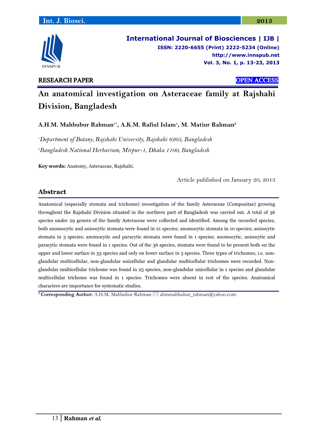 An Anatomical Investigation on Asteraceae Family at Rajshahi Division, Bangladesh