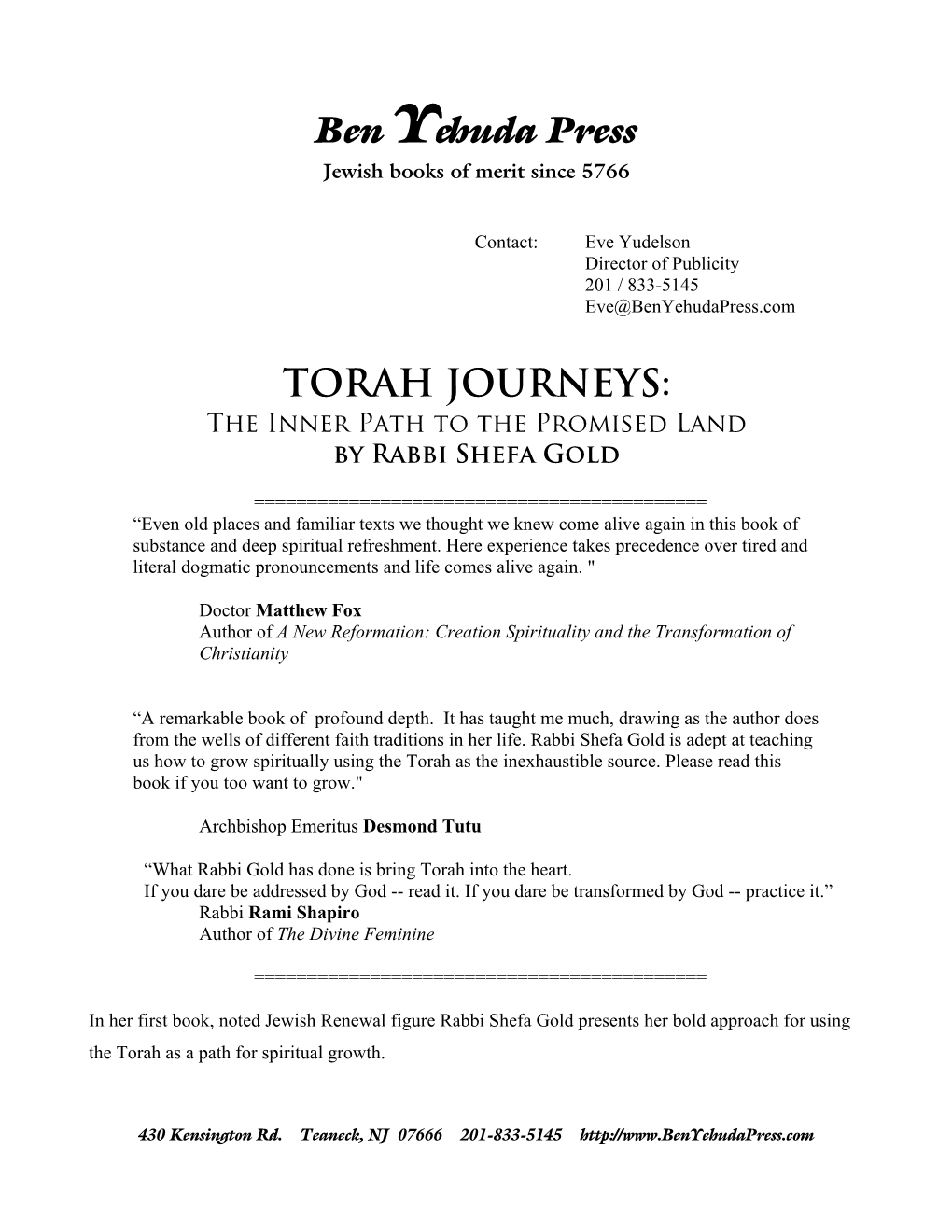 Ben Yehuda Press TORAH JOURNEYS