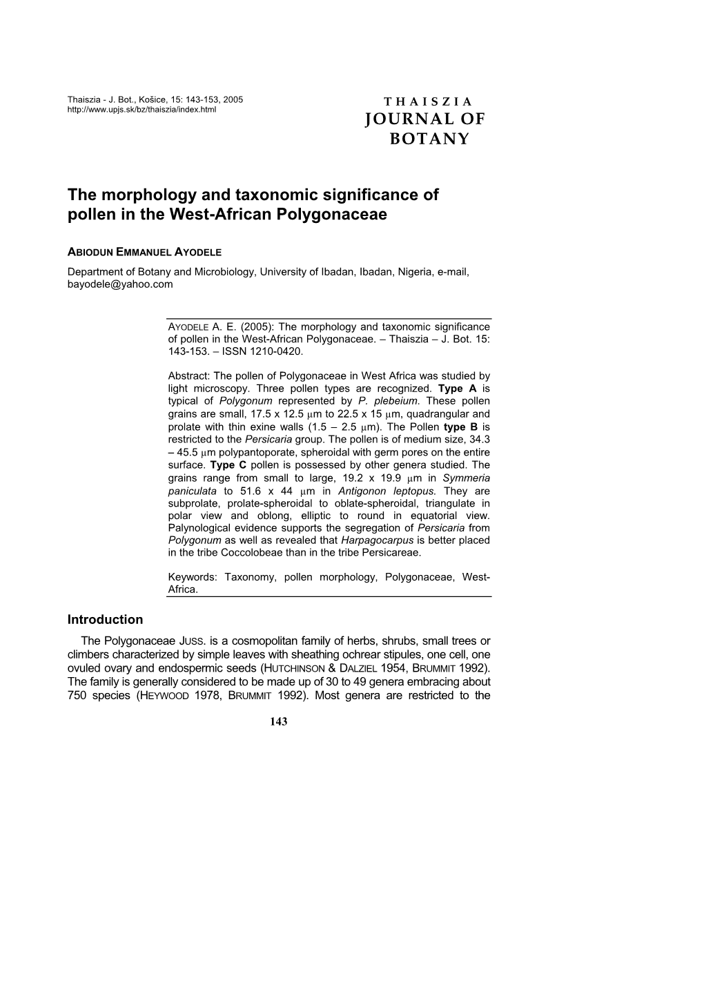 JOURNAL of BOTANY the Morphology and Taxonomic