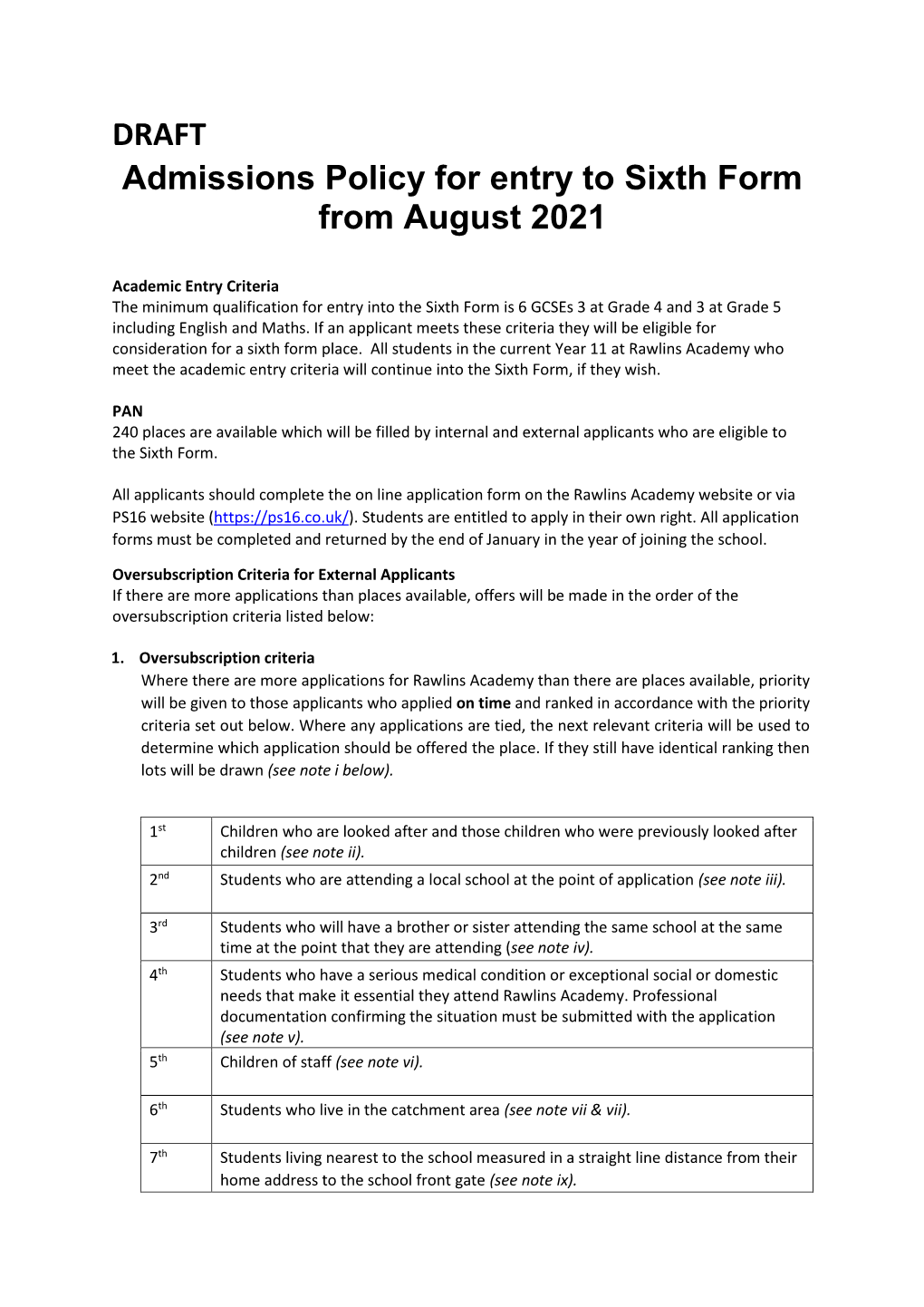 DRAFT Admissions Policy for Entry to Sixth Form from August 2021