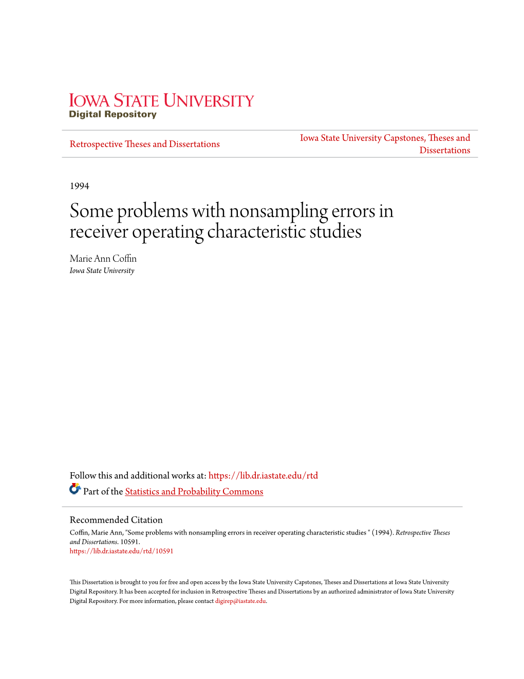 Some Problems with Nonsampling Errors in Receiver Operating Characteristic Studies Marie Ann Coffin Iowa State University