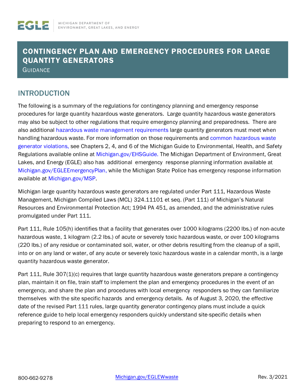 Hazardous Waste Contingency Plan and Emergency Procedures for Large Quantity Generators