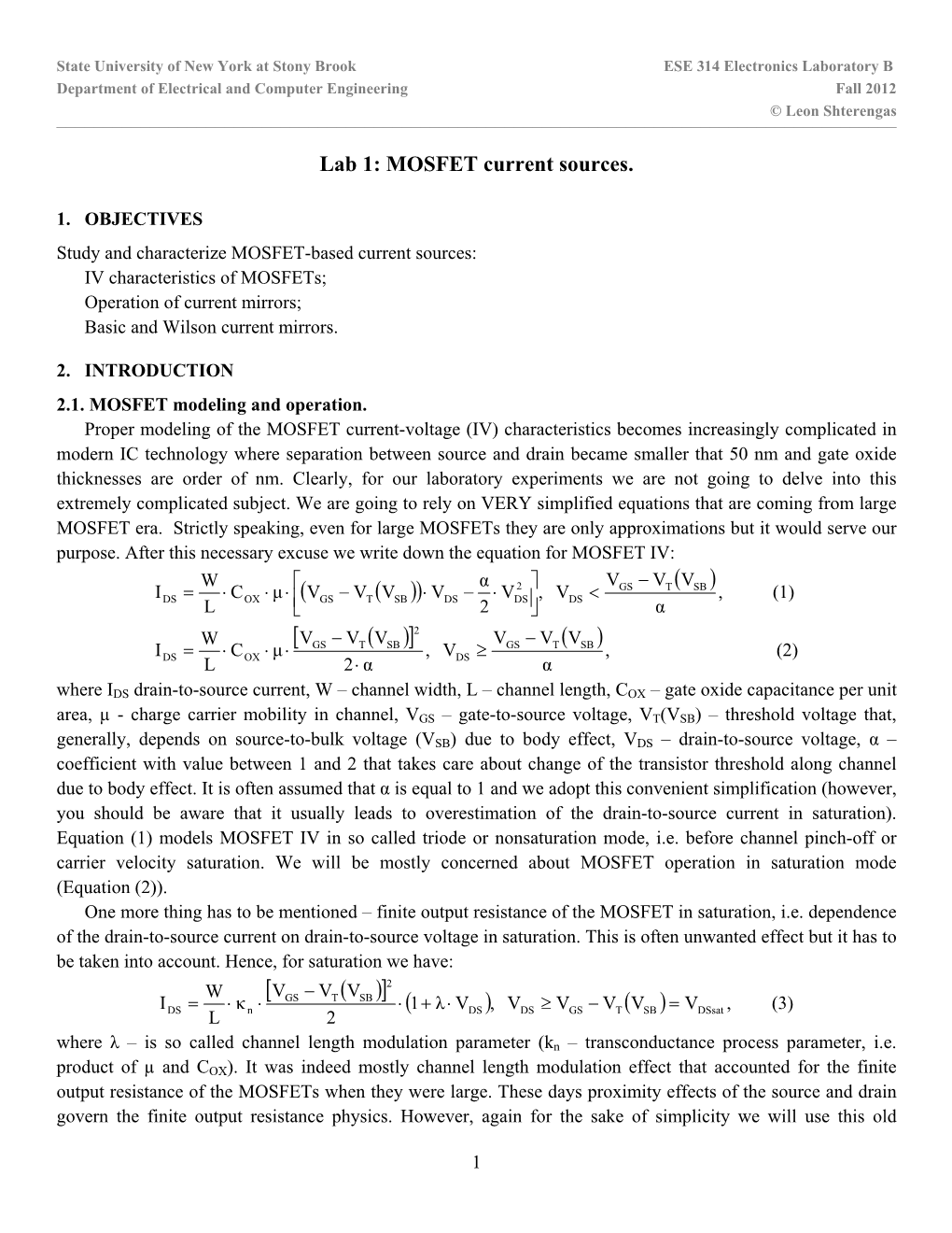 Lab 1: MOSFET Current Sources