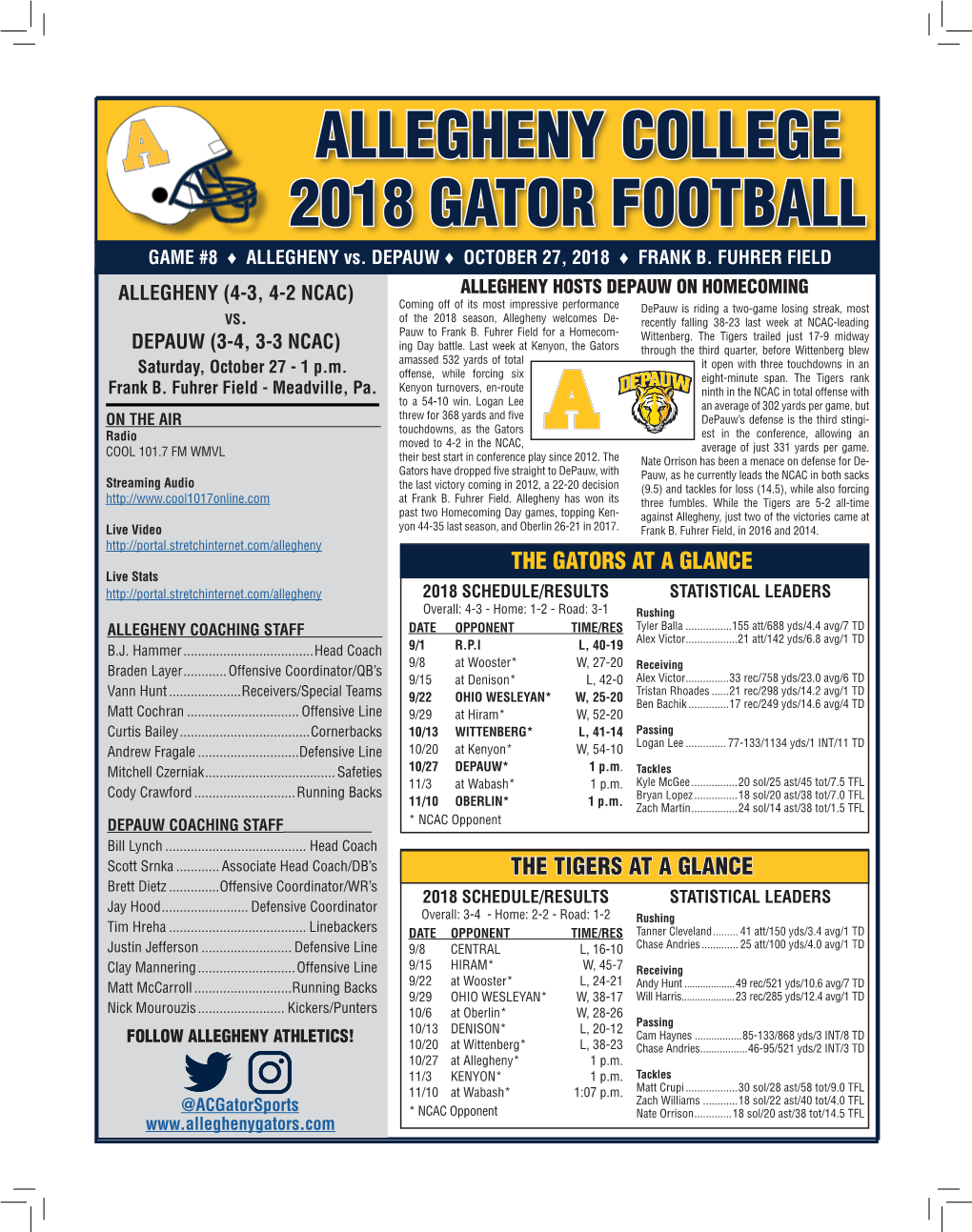 2018 Gator Football Allegheny College