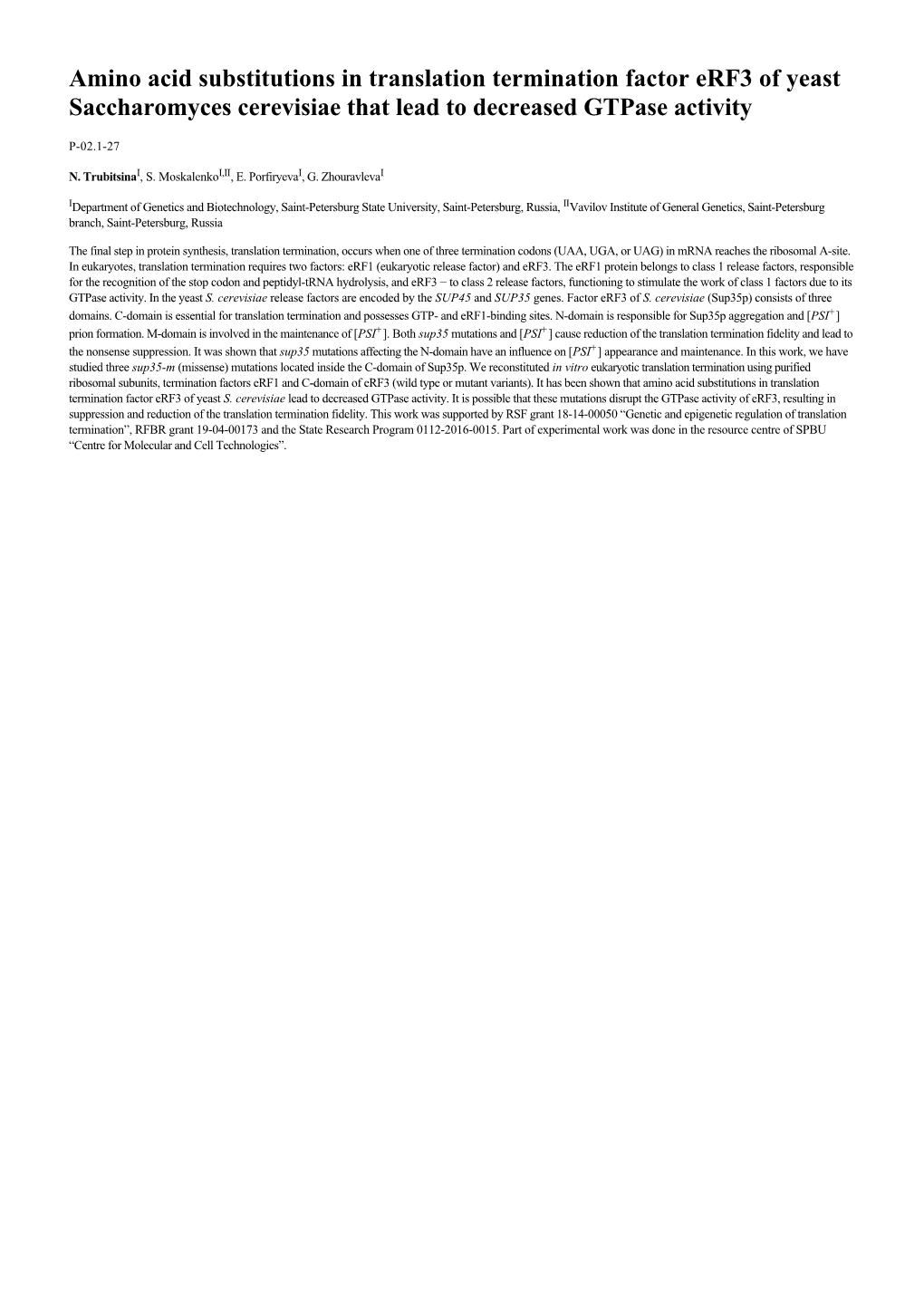 Amino Acid Substitutions in Translation Termination Factor Erf3 of Yeast Saccharomyces Cerevisiae That Lead to Decreased Gtpase Activity