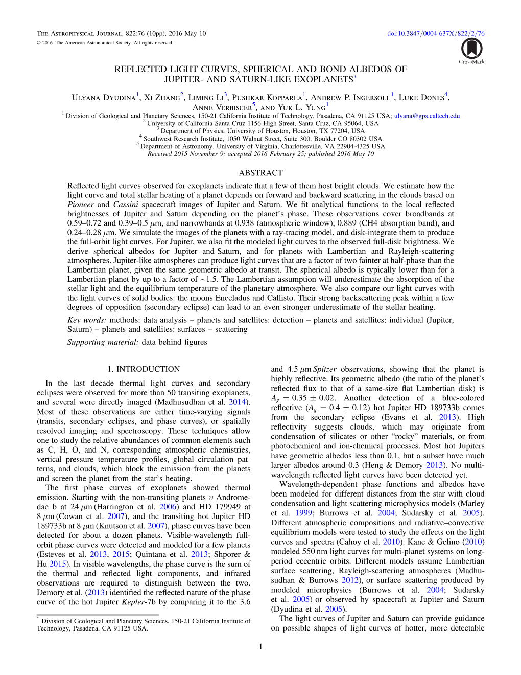 Reflected Light Curves, Spherical and Bond Albedos of Jupiter- and Saturn-Like Exoplanets*