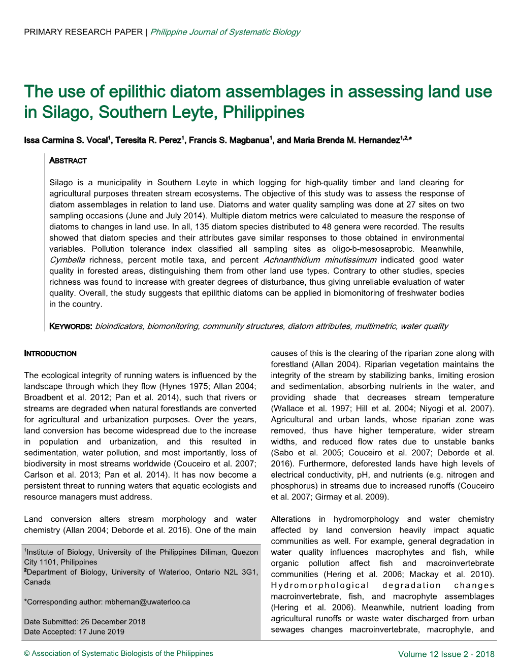 The Use of Epilithic Diatom Assemblages in Assessing Land Use in Silago, Southern Leyte, Philippines