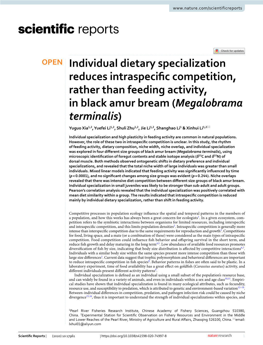 Individual Dietary Specialization Reduces Intraspecific