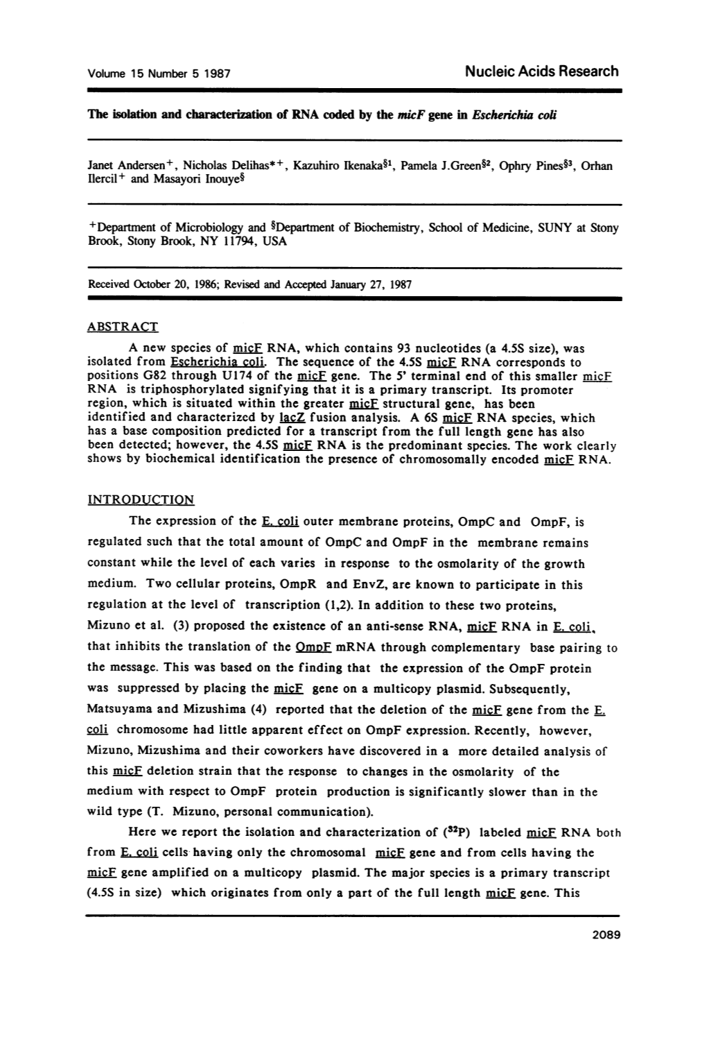 Nucleic Acids Research Volume 15 Number 5 1987 Nucleic Acids