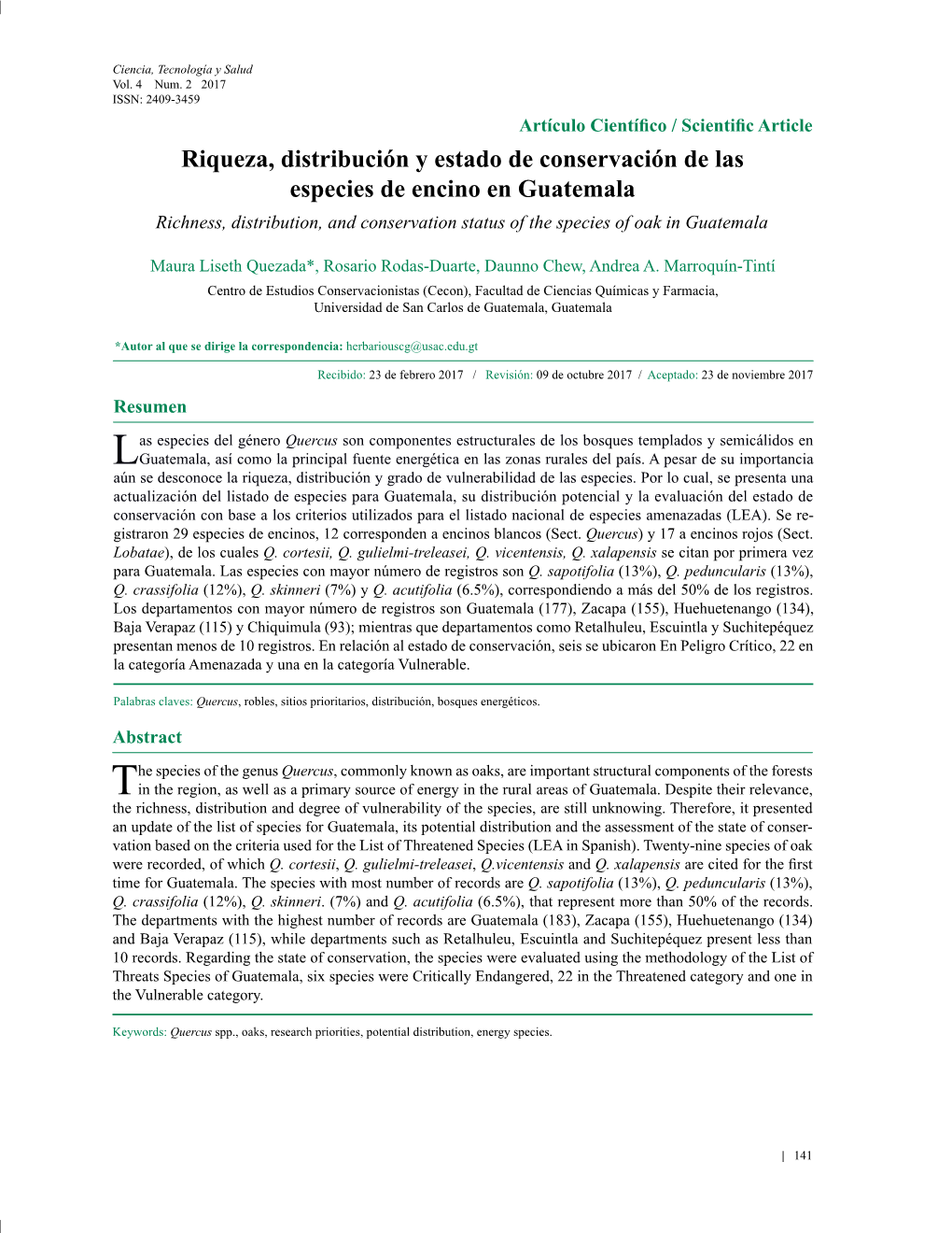 Riqueza, Distribución Y Estado De Conservación De Las Especies De