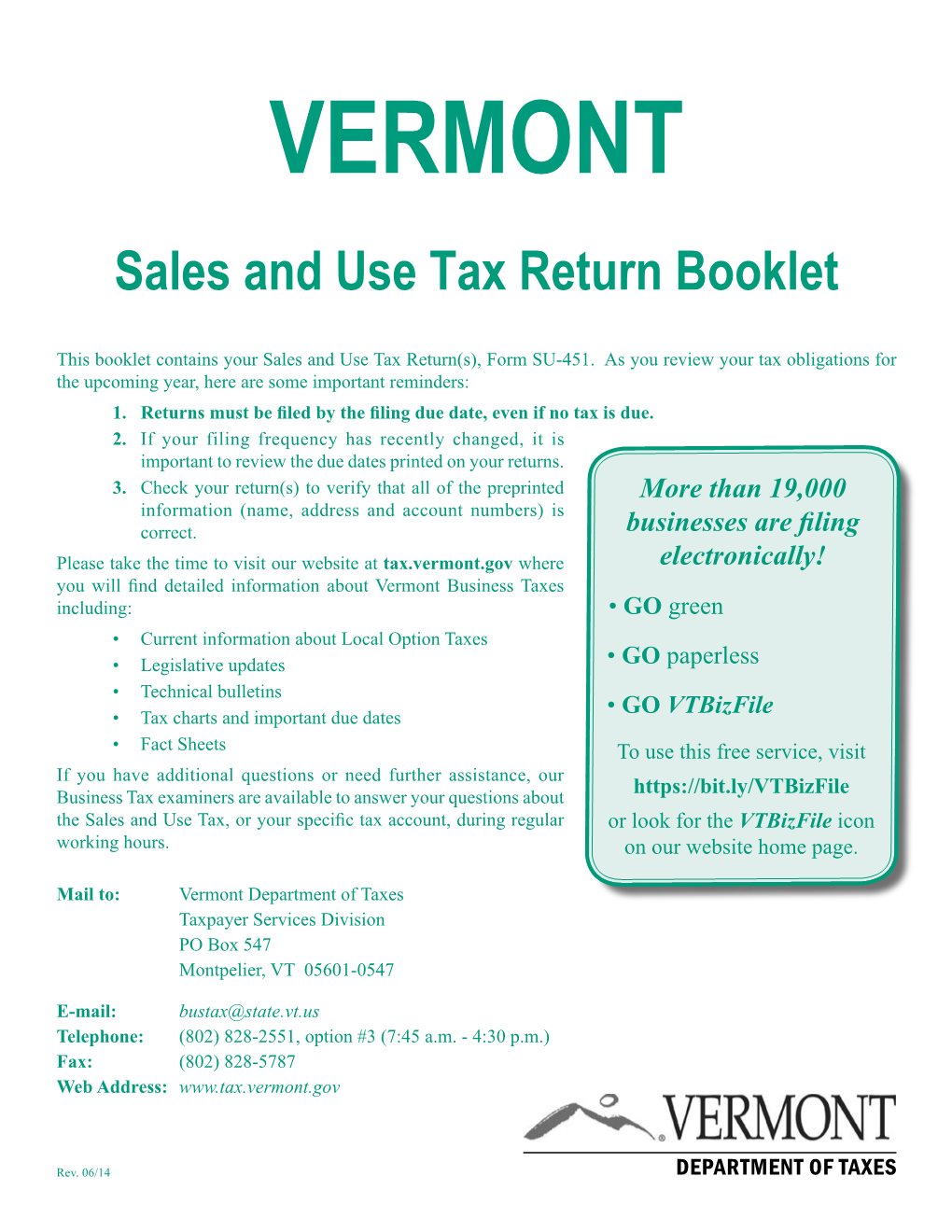 VERMONT Sales and Use Tax Return Booklet