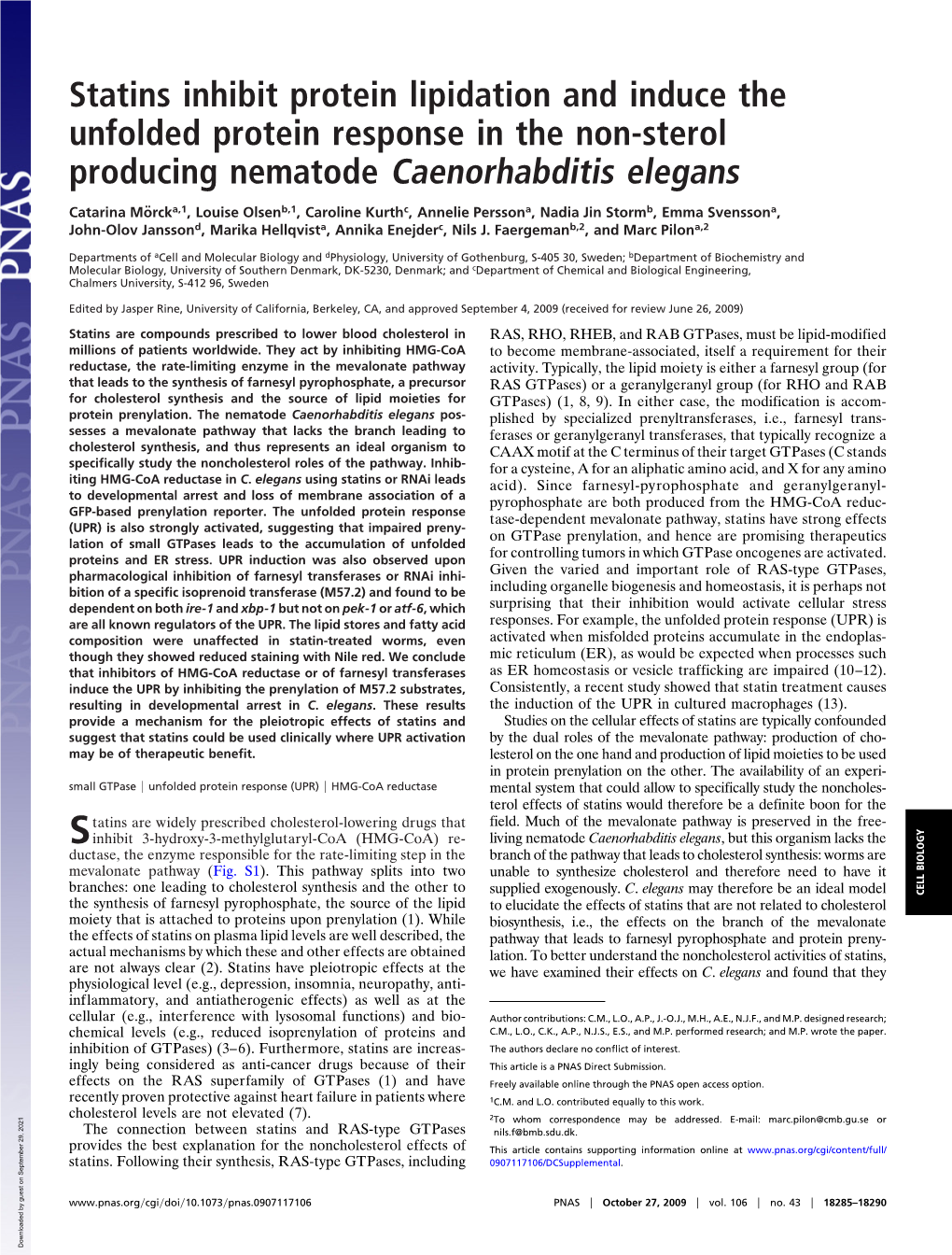 Statins Inhibit Protein Lipidation and Induce the Unfolded Protein Response in the Non-Sterol Producing Nematode Caenorhabditis Elegans