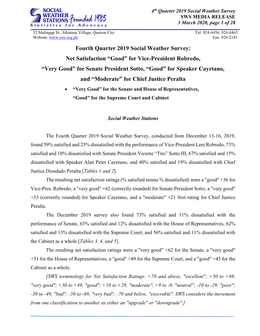 Fourth Quarter 2019 Social Weather Survey