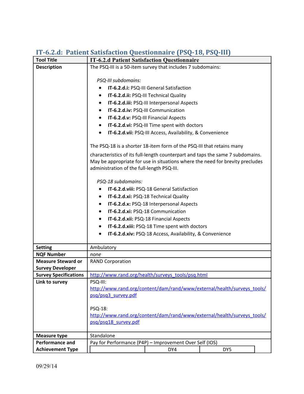 IT-6.2.D: Patient Satisfaction Questionnaire (PSQ-18, PSQ-III)
