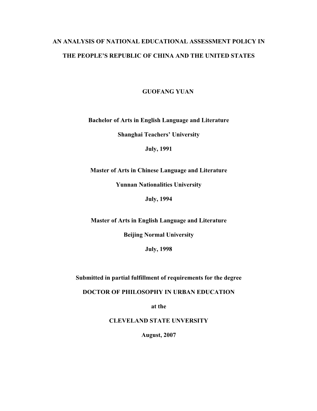 An Analysis of National Educational Assessment Policy In