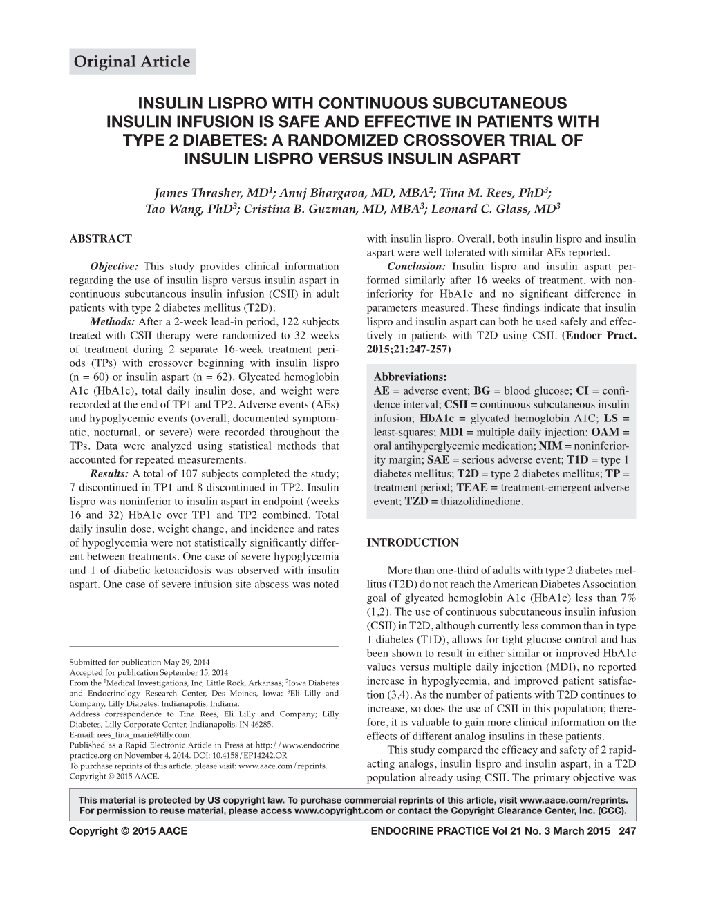 Insulin Lispro with Continuous Subcutaneous Insulin Infusion Is Safe