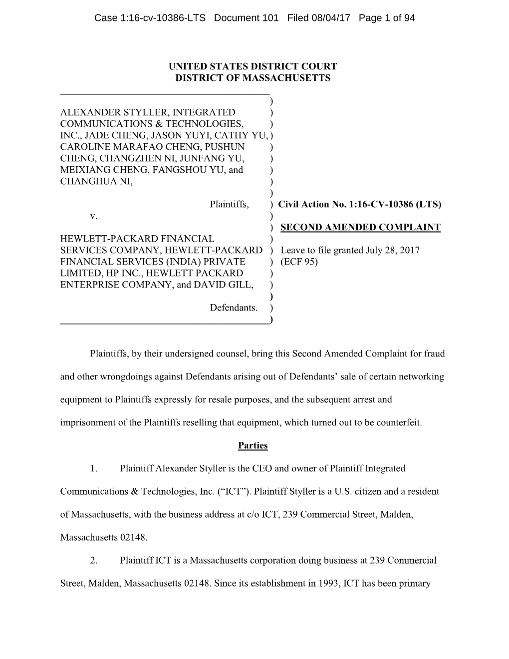 Case 1:16-Cv-10386-LTS Document 101 Filed 08/04/17 Page 1 of 94