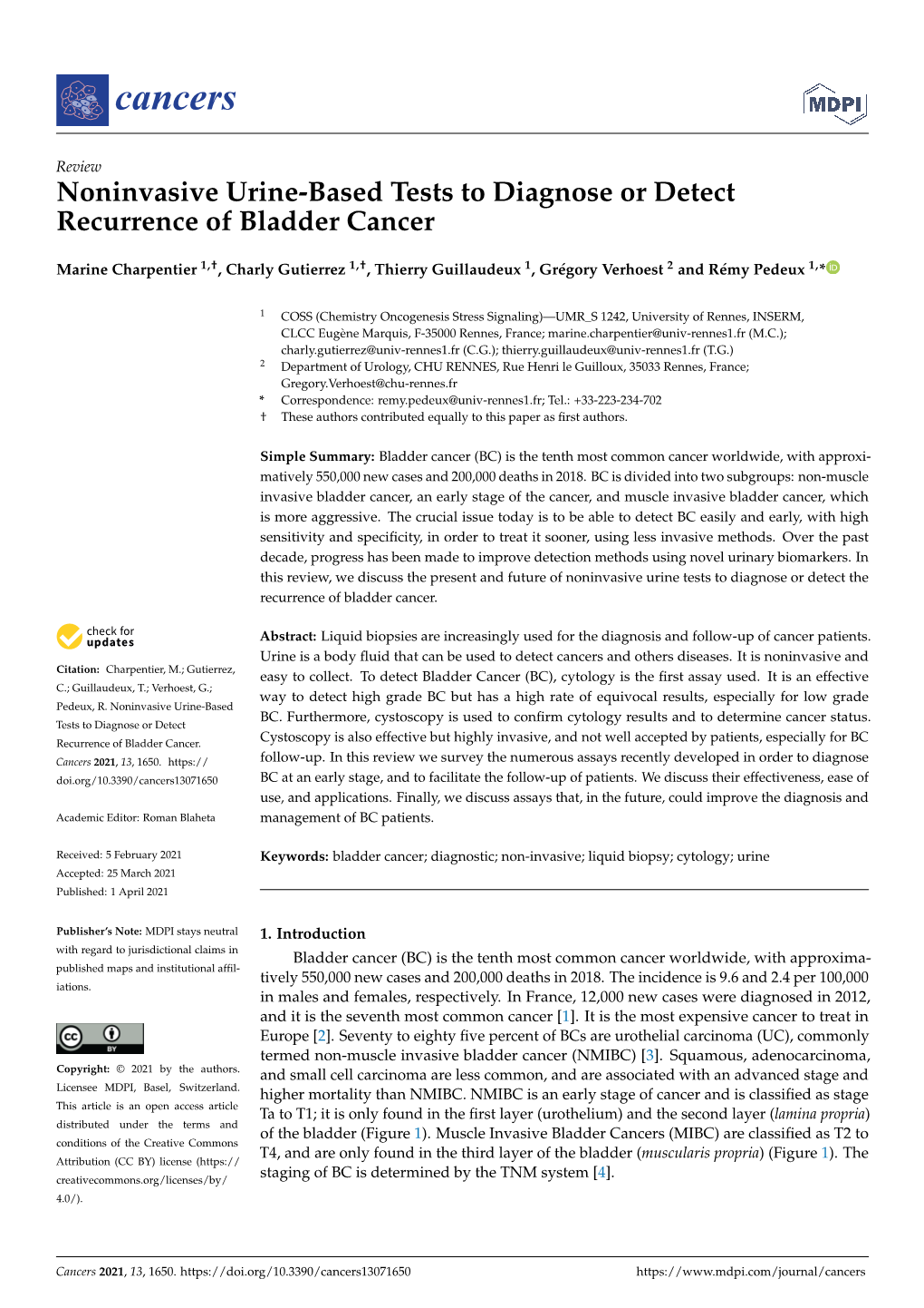 Noninvasive Urine-Based Tests to Diagnose Or Detect Recurrence of Bladder Cancer