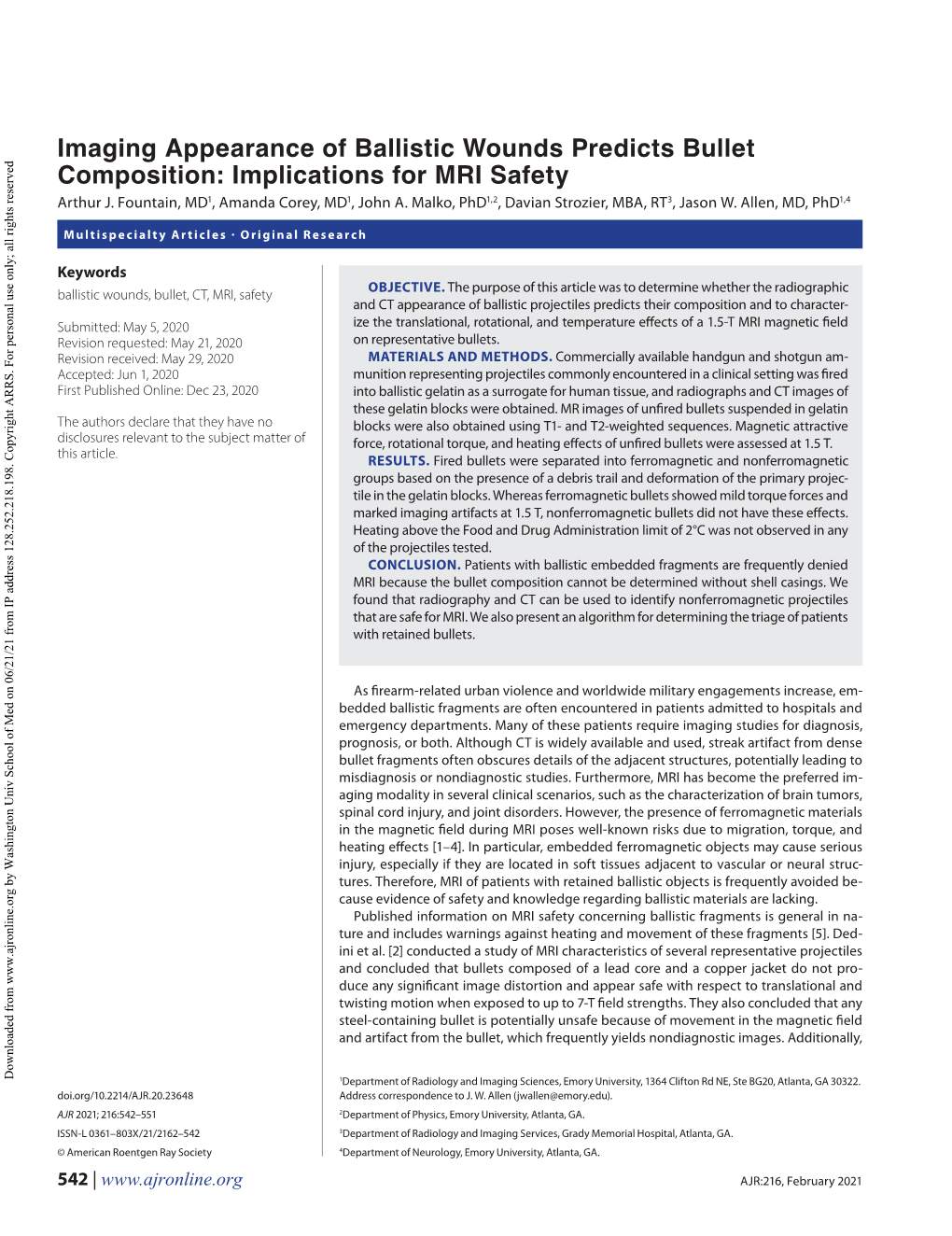 Imaging Appearance of Ballistic Wounds Predicts Bullet Composition: Implications for MRI Safety Arthur J