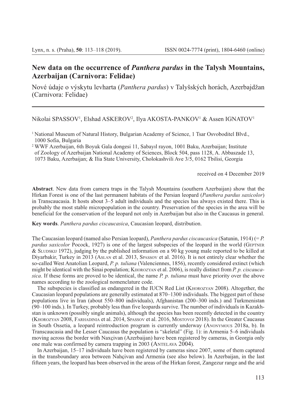 New Data on the Occurrence of Panthera Pardus in the Talysh