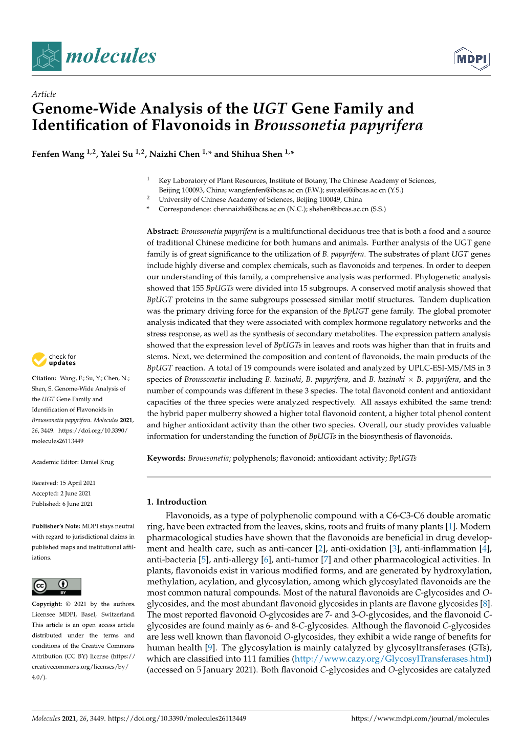 Genome-Wide Analysis of the UGT Gene Family and Identification of Flavonoids in Broussonetia Papyrifera