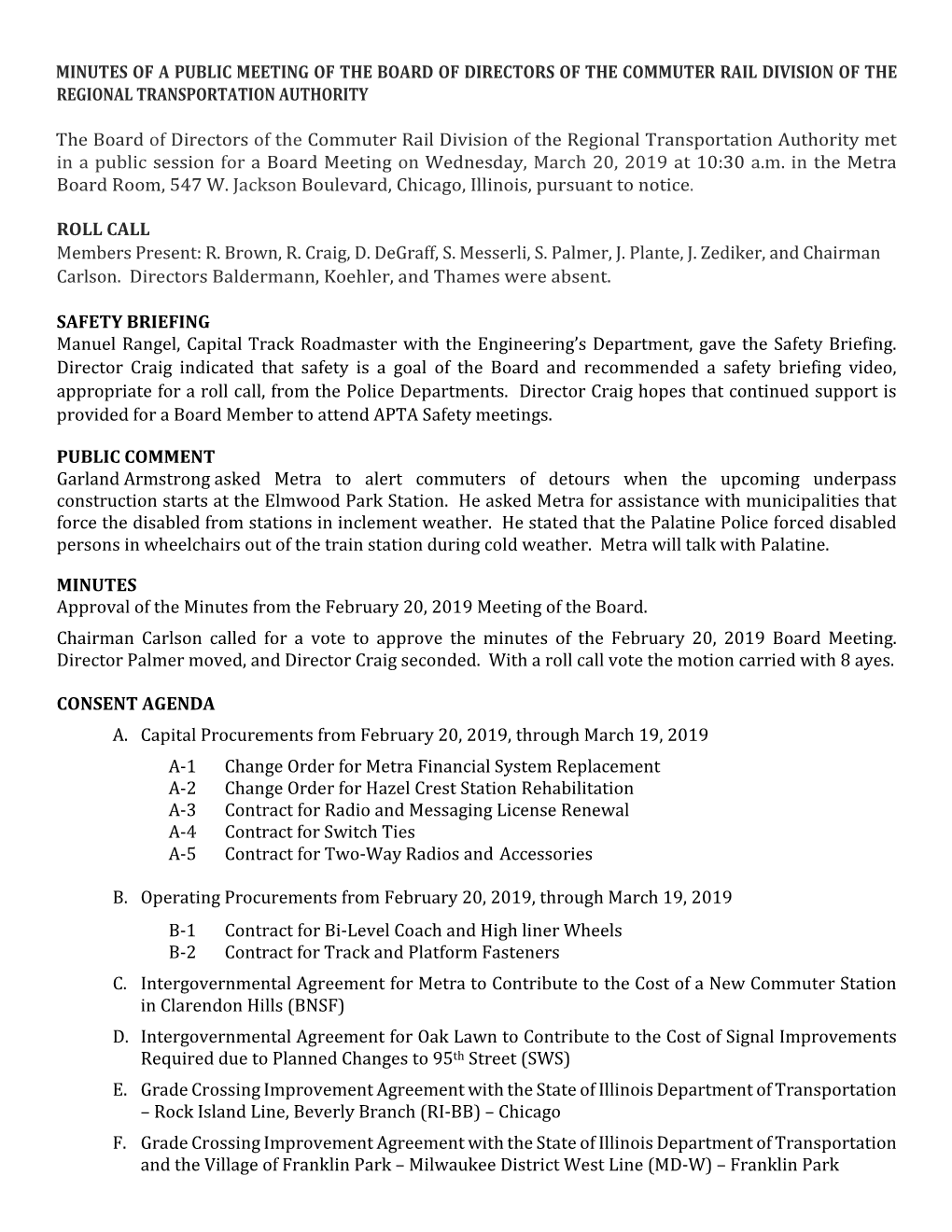 Minutes of a Public Meeting of the Board of Directors of the Commuter Rail Division of the Regional Transportation Authority