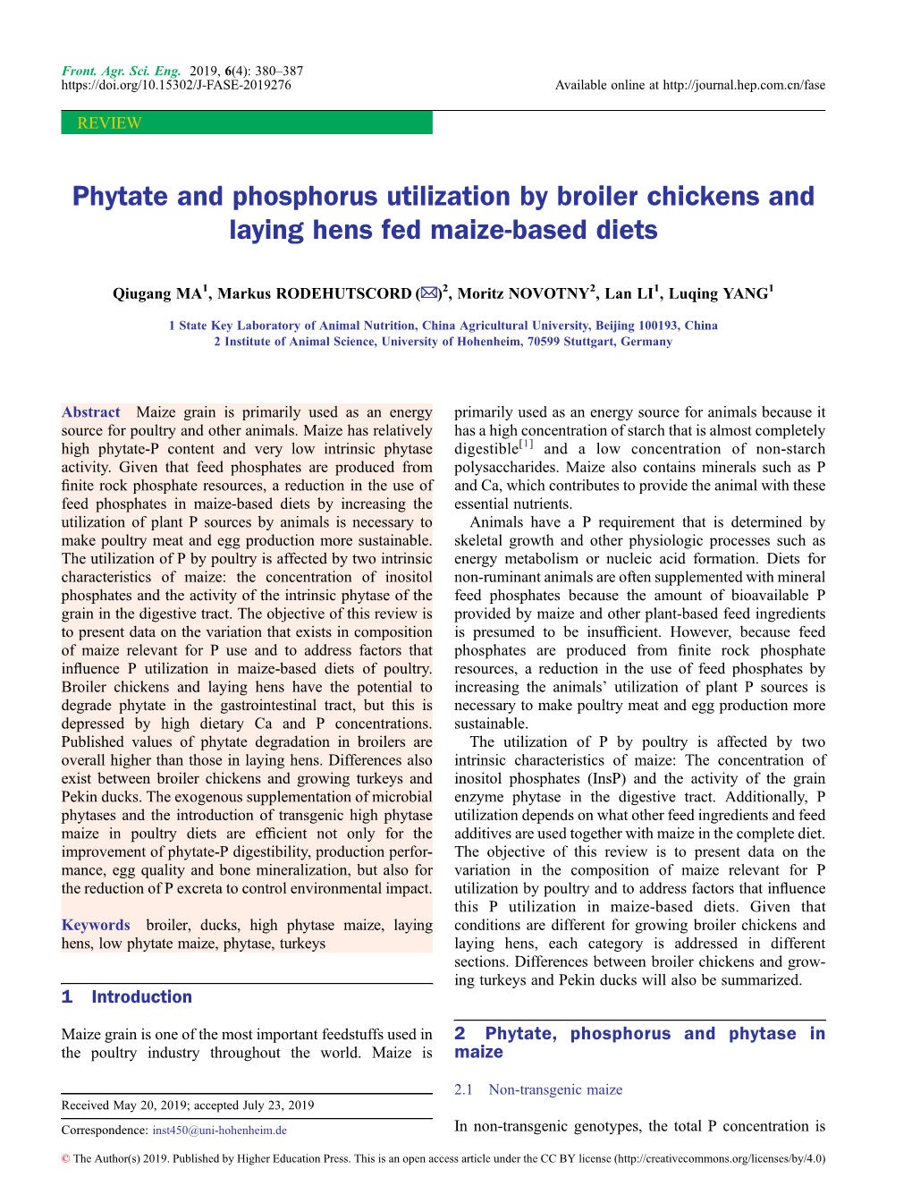 Phytate and Phosphorus Utilization by Broiler Chickens and Laying Hens Fed Maize-Based Diets