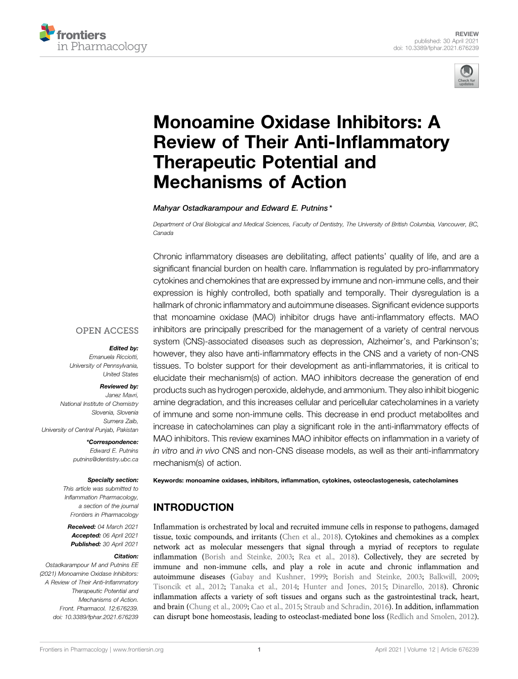 Monoamine Oxidase Inhibitors: a Review of Their Anti-Inflammatory Therapeutic Potential and Mechanisms of Action