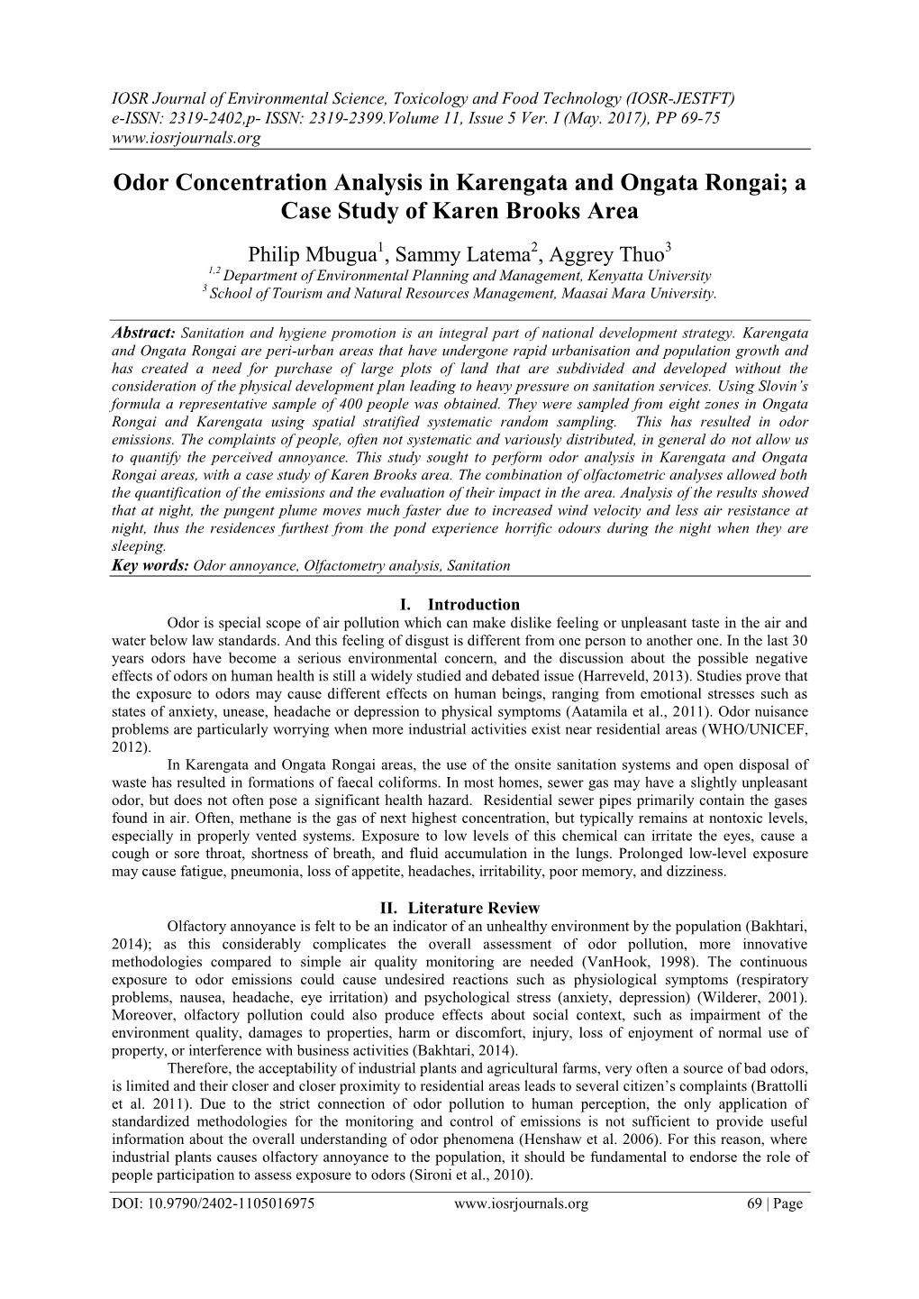 Odor Concentration Analysis in Karengata and Ongata Rongai; a Case Study of Karen Brooks Area