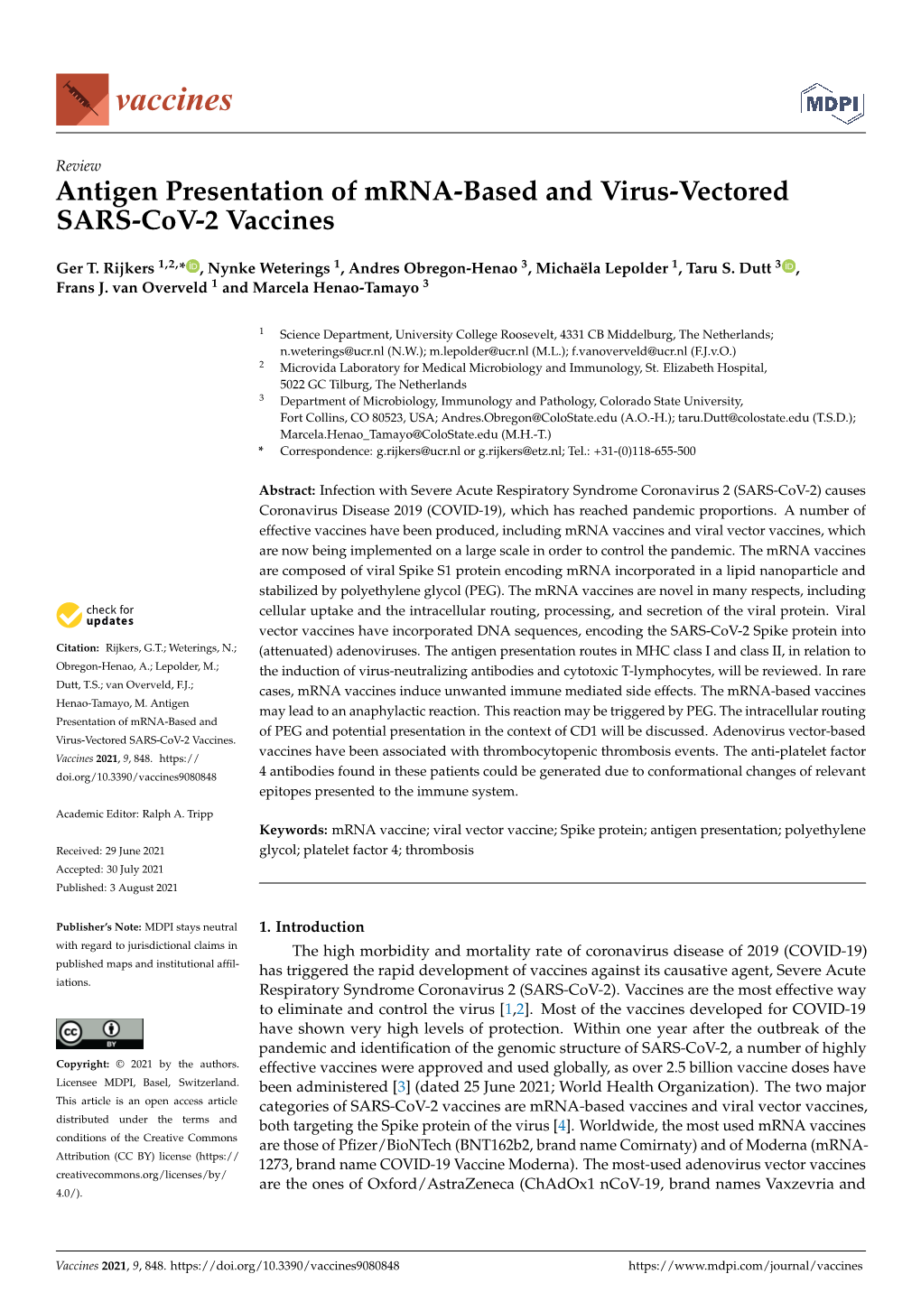 Antigen Presentation of Mrna-Based and Virus-Vectored SARS-Cov-2 Vaccines