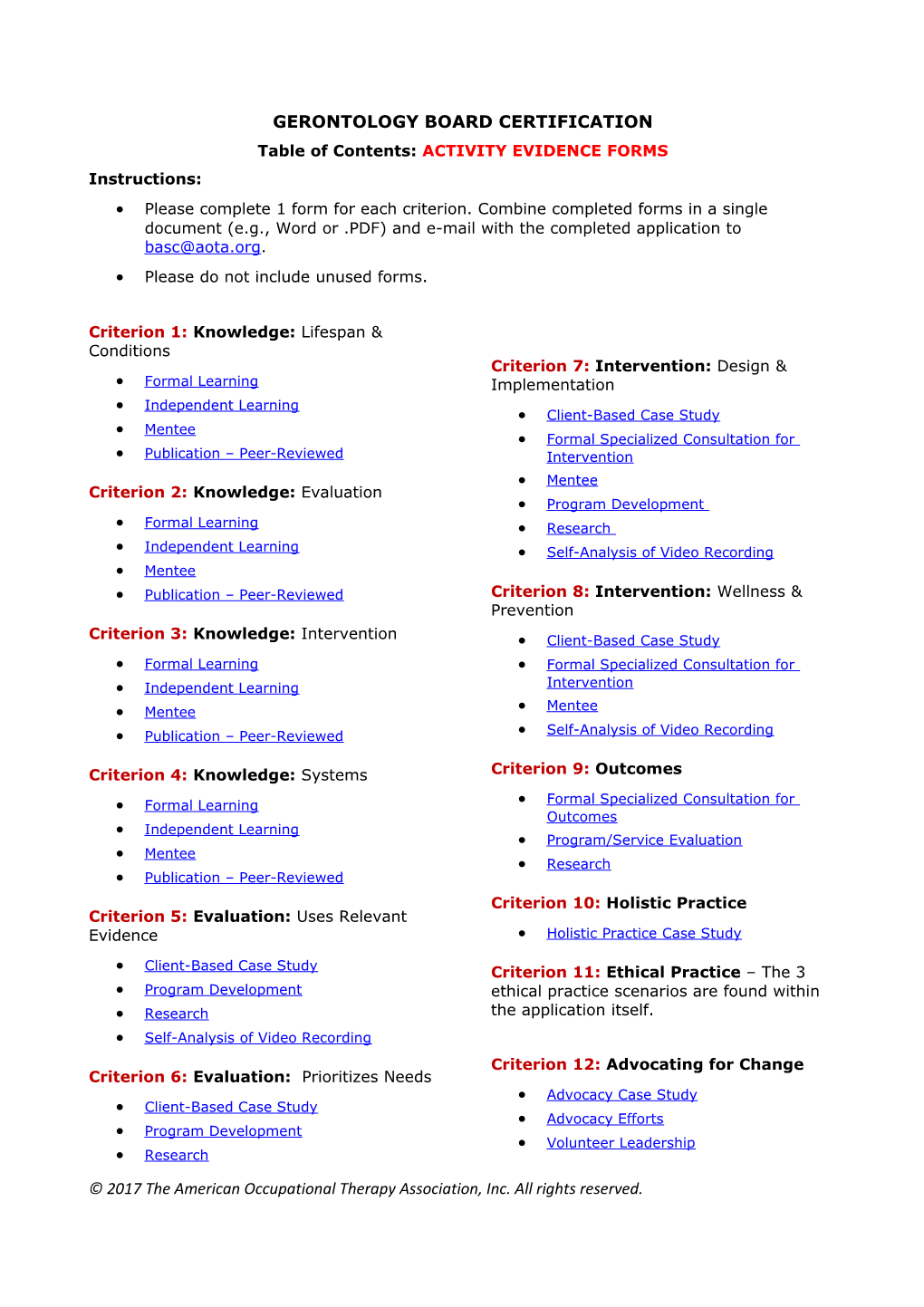 Table of Contents: ACTIVITY EVIDENCE FORMS