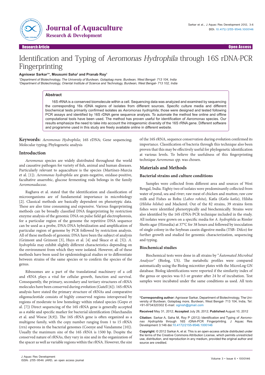 Identification and Typing of Aeromonas Hydrophila Through