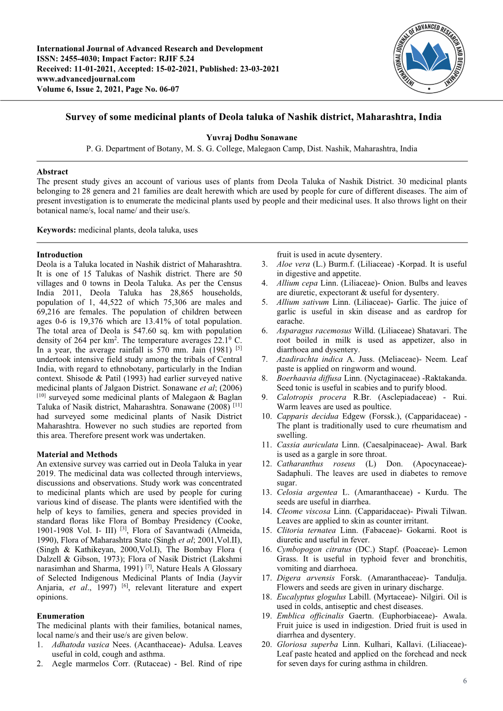 Survey of Some Medicinal Plants of Deola Taluka of Nashik District, Maharashtra, India