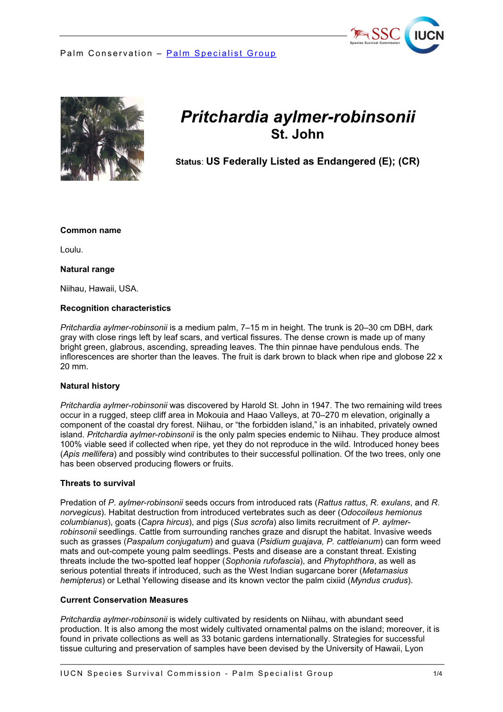 Pritchardia Aylmer-Robinsoni Conservation Fact Sheet