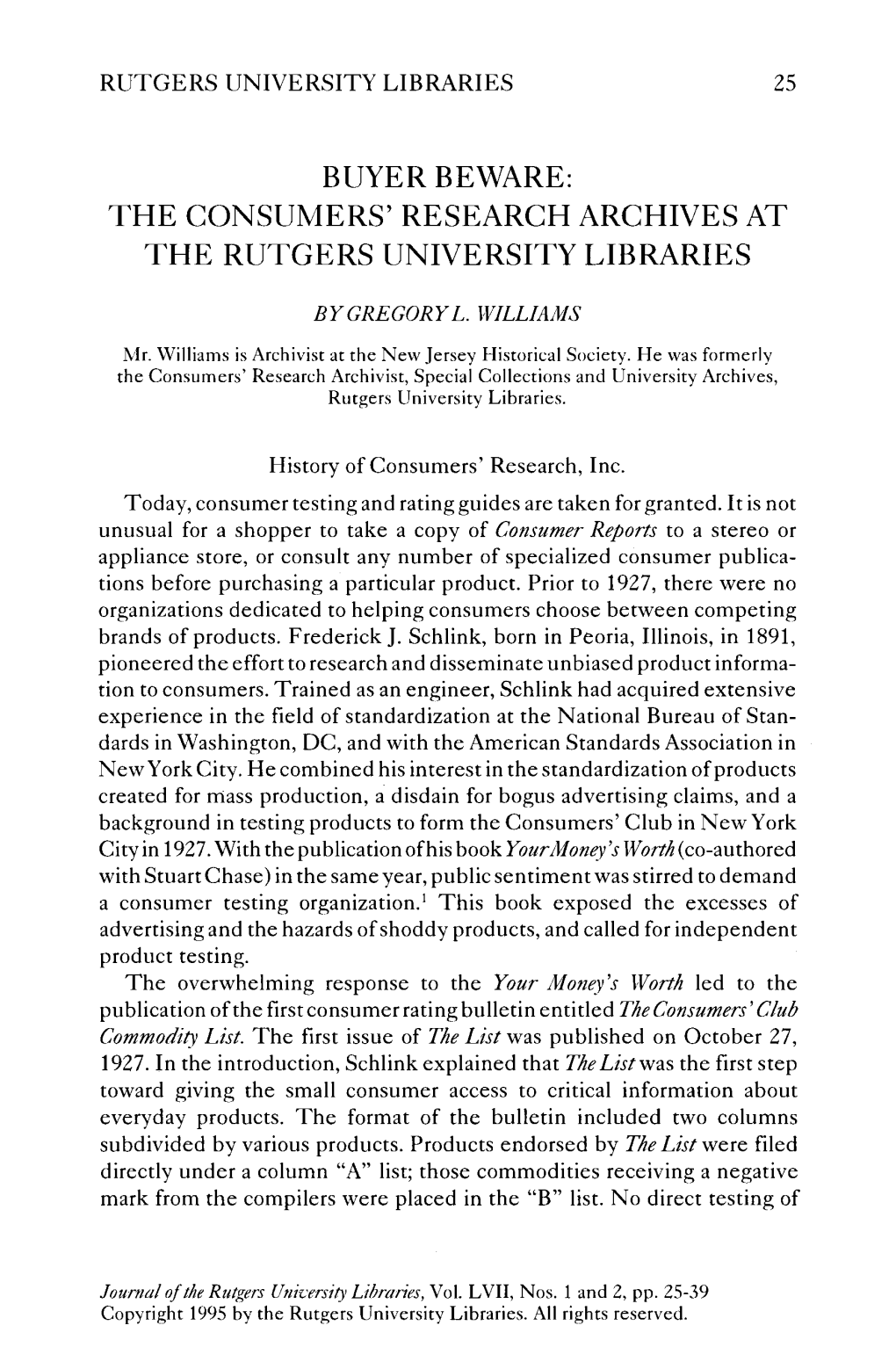 The Consumers' Research Archives at the Rutgers University Libraries