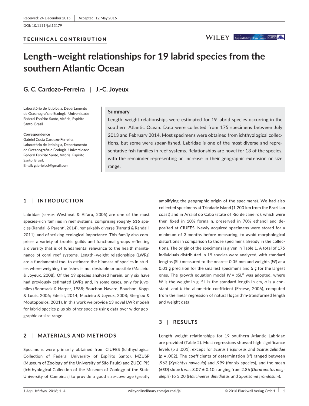 Weight Relationships for 19 Labrid Species from the Southern Atlantic Ocean