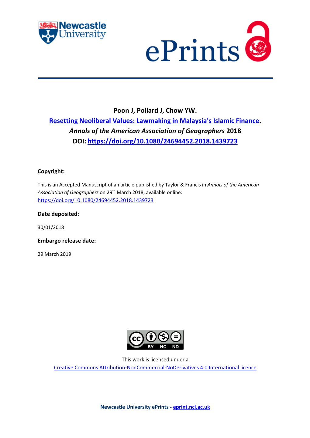 Lawmaking in Malaysia's Islamic Finance. Annals of the American Association of Geographers 2018 DOI