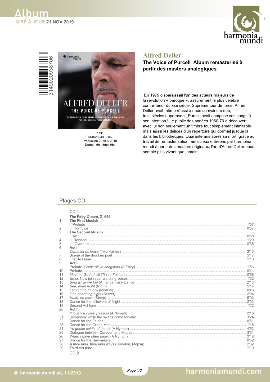 Alfred Deller the Voice of Purcell �Album Remasterisé À Partir Des Masters Analogiques