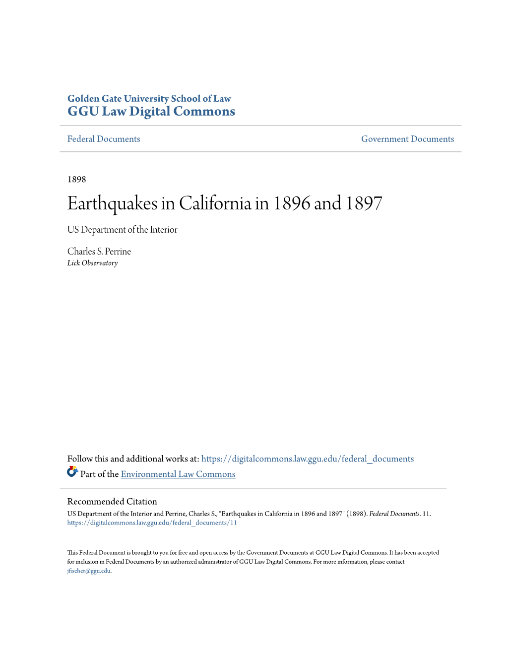 Earthquakes in California in 1896 and 1897 US Department of the Interior