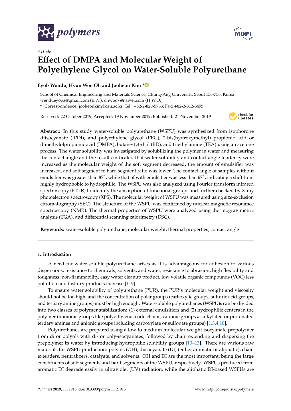 Effect of DMPA and Molecular Weight of Polyethylene Glycol on Water